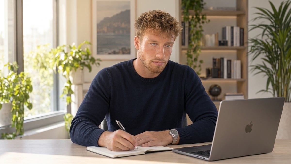 Lukas Fischer, Gründer von Lebensmodell, macht sich am Schreibtisch neben dem Laptop Notizen