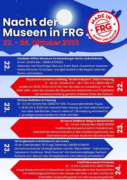 Vom 22. bis 24. Oktober 2026 findet wieder die „Nacht der Museen in FRG“ statt. Die einzelnen Museen gestalten ihre Abende eigenständig und zu unterschiedlichen Zeiten. Interessierte können sich damit